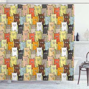 Ambesonne Cats Shower Curtain, Funny Colorful Graphic Kittens Cartoon Style Boys Girls Playroom, Cloth Fabric Bathroom Decor Set with Hooks, 69″ W x 70″ L, Pastel Pink Grey