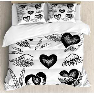 Ambesonne Feather Duvet Cover Set, Romantic Hearts with Wings Valentine’s Day Themed Sketch Style Love Image, Decorative 3 Piece Bedding Set with 2 Pillow Shams, Queen Size, Black and White