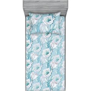 Ambesonne Floral Fitted Sheet & Pillow Sham Set, Monochrome Lily Flowers Valentine’s Day Concept Retro Illustration, Decorative Printed 3 Piece Bedding Decor Set, Full, Charcoal Grey and White(Pale Azure Blue and Teal)