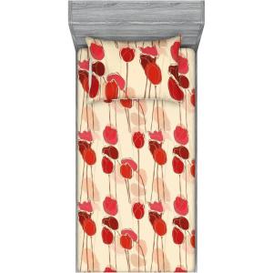 Ambesonne Floral Fitted Sheet & Pillow Sham Set, Monochrome Lily Flowers Valentine’s Day Concept Retro Illustration, Decorative Printed 3 Piece Bedding Decor Set, Full, Charcoal Grey and White(Scarlet and Dark Coral)