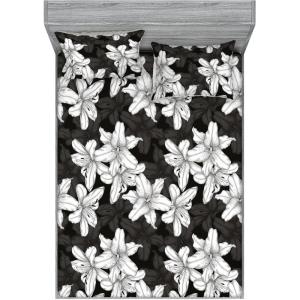 Ambesonne Floral Fitted Sheet & Pillow Sham Set, Monochrome Lily Flowers Valentine’s Day Concept Retro Illustration, Decorative Printed 3 Piece Bedding Decor Set, Calking, Charcoal Grey and White