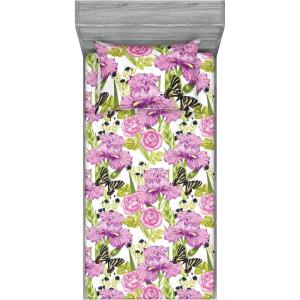 Ambesonne Floral Fitted Sheet & Pillow Sham Set, Monochrome Lily Flowers Valentine’s Day Concept Retro Illustration, Decorative Printed 3 Piece Bedding Decor Set, Full, Charcoal Grey and White(Avocado Green Pale Purple)