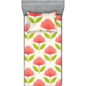 Ambesonne Floral Fitted Sheet & Pillow Sham Set, Monochrome Lily Flowers Valentine’s Day Concept Retro Illustration, Decorative Printed 3 Piece Bedding Decor Set, Full, Charcoal Grey and White(Coral Salmon and Yellow Green)