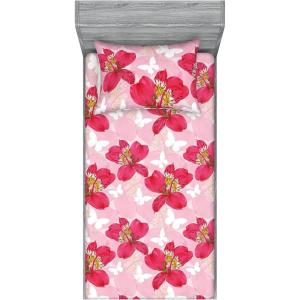 Ambesonne Floral Fitted Sheet & Pillow Sham Set, Monochrome Lily Flowers Valentine’s Day Concept Retro Illustration, Decorative Printed 3 Piece Bedding Decor Set, Full, Charcoal Grey and White(Dark Coral and Soft Pink)
