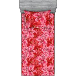 Ambesonne Floral Fitted Sheet & Pillow Sham Set, Monochrome Lily Flowers Valentine’s Day Concept Retro Illustration, Decorative Printed 3 Piece Bedding Decor Set, Full, Charcoal Grey and White(Pastel Pink and Dark Coral)