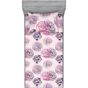Ambesonne Floral Fitted Sheet & Pillow Sham Set, Romantic Valentine’s Day Theme Overlapping Simplistic Rose Flowers Art, Decorative Printed 3 Piece Bedding Decor Set, Calking, Pale Salmon and Blush(Dark Purple Grey Pink)