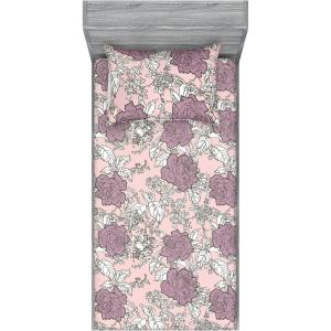 Ambesonne Floral Fitted Sheet & Pillow Sham Set, Romantic Valentine’s Day Theme Overlapping Simplistic Rose Flowers Art, Decorative Printed 3 Piece Bedding Decor Set, Calking, Pale Salmon and Blush(Pale Mauve White Sepia)