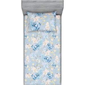 Ambesonne Floral Fitted Sheet & Pillow Sham Set, Roses Lavender Eucalyptus Watercolor Valentine’s Day Romantic Concept, Decorative Printed 2 Piece Bedding Decor Set, Twinxl, Purple Grey and Off White(Sky Blue Pale Yellow)