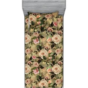 Ambesonne Floral Fitted Sheet & Pillow Sham Set, Valentine’s Day Concept Art Pastel Repetitive Roses Pattern Plot, Decorative Printed 3 Piece Bedding Decor Set, Queen, Dark Pink Blush and White(Pale Rose Laurel Green)
