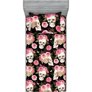 Ambesonne Floral Fitted Sheet & Pillow Sham Set, Valentine’s Day Concept Art Pastel Repetitive Roses Pattern Plot, Decorative Printed 3 Piece Bedding Decor Set, Queen, Dark Pink Blush and White(Pink Laurel Green Black)