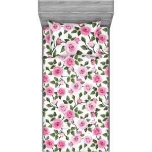 Ambesonne Floral Fitted Sheet & Pillow Sham Set, Valentine’s Day Concept Art Pastel Repetitive Roses Pattern Plot, Decorative Printed 3 Piece Bedding Decor Set, Queen, Dark Pink Blush and White(Pastel Pink Olive Green)
