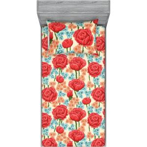 Ambesonne Floral Fitted Sheet & Pillow Sham Set, Valentine’s Day Concept Art Pastel Repetitive Roses Pattern Plot, Decorative Printed 3 Piece Bedding Decor Set, Queen, Dark Pink Blush and White(Dark Salmon and Slate Blue)