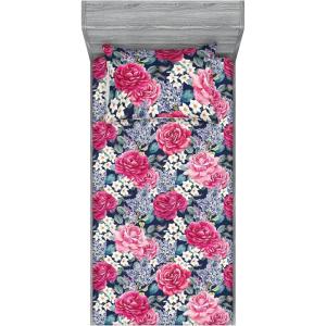 Ambesonne Floral Fitted Sheet & Pillow Sham Set, Valentine’s Day Concept Art Pastel Repetitive Roses Pattern Plot, Decorative Printed 3 Piece Bedding Decor Set, Queen, Dark Pink Blush and White(Raspberry Laurel Green)