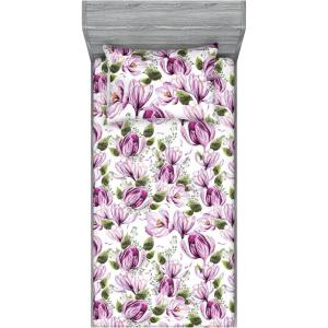 Ambesonne Floral Fitted Sheet & Pillow Sham Set, Valentine’s Day Romantic Concept Watercolor Hydrangeas Roses Birds, Decorative Printed 3 Piece Bedding Decor Set, Calking, Soft Pink Pistachio Green(Pale Fuchsia Reseda Green)