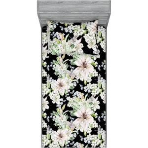 Ambesonne Floral Fitted Sheet & Pillow Sham Set, Valentine’s Day Romantic Concept Watercolor Hydrangeas Roses Birds, Decorative Printed 3 Piece Bedding Decor Set, Calking, Soft Pink Pistachio Green(Laurel Green Black White)