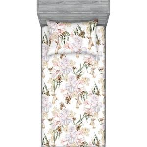 Ambesonne Floral Fitted Sheet & Pillow Sham Set, Valentine’s Day Romantic Concept Watercolor Hydrangeas Roses Birds, Decorative Printed 3 Piece Bedding Decor Set, Calking, Soft Pink Pistachio Green(Pale Ceil Blue Green)