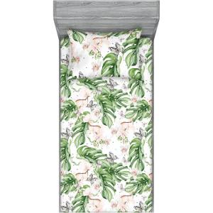Ambesonne Floral Fitted Sheet & Pillow Sham Set, Valentine’s Day Romantic Concept Watercolor Hydrangeas Roses Birds, Decorative Printed 3 Piece Bedding Decor Set, Calking, Soft Pink Pistachio Green(Reseda Green and Pale Rose)