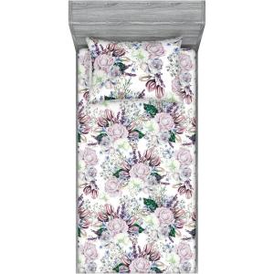 Ambesonne Floral Fitted Sheet & Pillow Sham Set, Valentine’s Day Romantic Concept Watercolor Hydrangeas Roses Birds, Decorative Printed 3 Piece Bedding Decor Set, Calking, Soft Pink Pistachio Green(Pale Mauve White and Green)