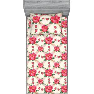 Ambesonne Floral Fitted Sheet & Pillow Sham Set, Valentine’s Day Theme Flowers Vintage Botanical Nature Ornament Art, Decorative Printed 2 Piece Bedding Decor Set, Twinxl, Dark Coral and Fern Green(Dark Coral and Laurel Green)
