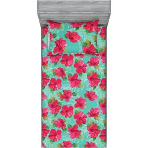 Ambesonne Floral Fitted Sheet & Pillow Sham Set, Valentine’s Day Theme Flowers Vintage Botanical Nature Ornament Art, Decorative Printed 2 Piece Bedding Decor Set, Twinxl, Dark Coral and Fern Green(Dark Coral and Cadet Blue)