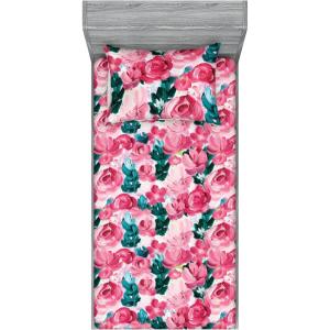 Ambesonne Floral Fitted Sheet & Pillow Sham Set, Valentine’s Day Theme Flowers Vintage Botanical Nature Ornament Art, Decorative Printed 2 Piece Bedding Decor Set, Twinxl, Dark Coral and Fern Green(Magenta Forest Green Rose)