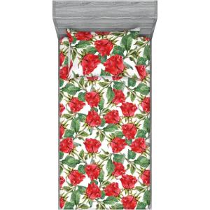 Ambesonne Floral Fitted Sheet & Pillow Sham Set, Valentine’s Day Theme Flowers Vintage Botanical Nature Ornament Art, Decorative Printed 2 Piece Bedding Decor Set, Twinxl, Dark Coral and Fern Green(Scarlet and Reseda Green)