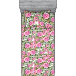 Ambesonne Floral Fitted Sheet & Pillow Sham Set, Valentine’s Day Theme Flowers Vintage Botanical Nature Ornament Art, Decorative Printed 2 Piece Bedding Decor Set, Twinxl, Dark Coral and Fern Green(Hot Pink Khaki Green)