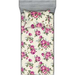 Ambesonne Floral Fitted Sheet & Pillow Sham Set, Valentine’s Day Theme Grunge Style Repetitive Rose Flowers Abstract, Decorative Printed 2 Piece Bedding Decor Set, Twinxl, Pale Fuchsia and Sepia(Pale Fuchsia and Sepia)