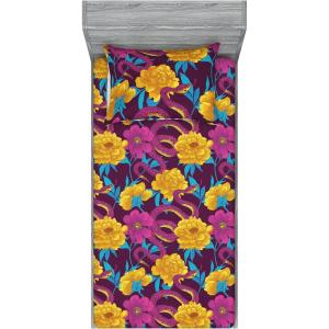 Ambesonne Floral Fitted Sheet & Pillow Sham Set, Valentine’s Day Theme Grunge Style Repetitive Rose Flowers Abstract, Decorative Printed 2 Piece Bedding Decor Set, Twinxl, Pale Fuchsia and Sepia(Earth Yellow and Hot Pink)