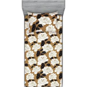 Ambesonne Floral Fitted Sheet & Pillow Sham Set, Watercolor Repeating Roses Valentine’s Day Theme Vintage Style Art, Decorative Printed 3 Piece Bedding Decor Set, Full, Dark Coral Fawn and Sepia(Dark Khaki Charcoal Grey)