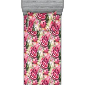 Ambesonne Floral Fitted Sheet & Pillow Sham Set, Watercolor Repeating Roses Valentine’s Day Theme Vintage Style Art, Decorative Printed 3 Piece Bedding Decor Set, Full, Dark Coral Fawn and Sepia(Pastel Pink and Reseda Green)
