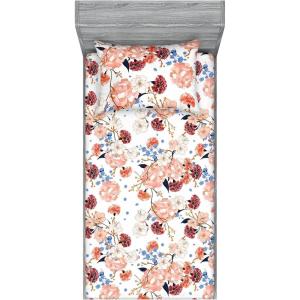 Ambesonne Floral Fitted Sheet & Pillow Sham Set, Watercolor Repeating Roses Valentine’s Day Theme Vintage Style Art, Decorative Printed 3 Piece Bedding Decor Set, Full, Dark Coral Fawn and Sepia(Lavender Blue and Pale Salmon)