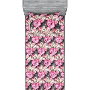 Ambesonne Floral Fitted Sheet & Pillow Sham Set, Watercolor Repeating Roses Valentine’s Day Theme Vintage Style Art, Decorative Printed 3 Piece Bedding Decor Set, Full, Dark Coral Fawn and Sepia(Pale Fuchsia and Slate Brown)