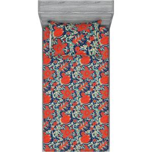 Ambesonne Floral Fitted Sheet & Pillow Sham Set, Watercolor Repeating Roses Valentine’s Day Theme Vintage Style Art, Decorative Printed 3 Piece Bedding Decor Set, Full, Dark Coral Fawn and Sepia(Vermilion and Navy Blue)