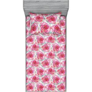 Ambesonne Floral Fitted Sheet & Pillow Sham Set, Watercolor Repeating Roses Valentine’s Day Theme Vintage Style Art, Decorative Printed 3 Piece Bedding Decor Set, Full, Dark Coral Fawn and Sepia(Pale Fuchsia and Seafoam)
