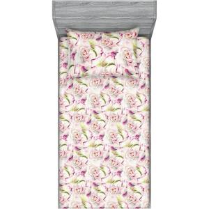 Ambesonne Floral Fitted Sheet & Pillow Sham Set, Watercolor Repeating Roses Valentine’s Day Theme Vintage Style Art, Decorative Printed 3 Piece Bedding Decor Set, Full, Dark Coral Fawn and Sepia(Dark Magenta and Pale Khaki)
