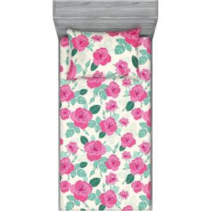 Ambesonne Floral Fitted Sheet & Pillow Sham Set, Watercolor Repeating Roses Valentine’s Day Theme Vintage Style Art, Decorative Printed 3 Piece Bedding Decor Set, Full, Dark Coral Fawn and Sepia(Pastel Pink Hunter Green)