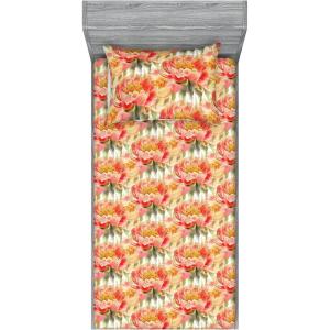 Ambesonne Floral Fitted Sheet & Pillow Sham Set, Watercolor Repeating Roses Valentine’s Day Theme Vintage Style Art, Decorative Printed 3 Piece Bedding Decor Set, Full, Dark Coral Fawn and Sepia(Scarlet and Green Brown)