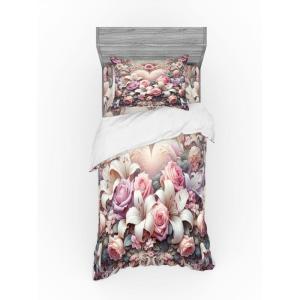 Ambesonne Floral Heart Bedding Set, Tenderness of Romantic Garden Ivy Branches and Roses Valentines Day, 3 Piece Duvet Cover Set with Sham and Fitted Sheet, Twin XL Size, Laurel Green and Pink(Pale Pink Peach and Lilac)