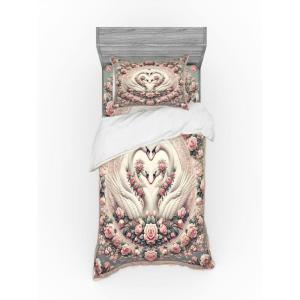 Ambesonne Floral Heart Bedding Set, Tenderness of Romantic Garden Ivy Branches and Roses Valentines Day, 3 Piece Duvet Cover Set with Sham and Fitted Sheet, Twin XL Size, Laurel Green and Pink(Pale Pink Pale Cadet Blue)