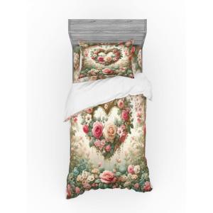 Ambesonne Floral Heart Bedding Set, Tenderness of Romantic Garden Ivy Branches and Roses Valentines Day, 3 Piece Duvet Cover Set with Sham and Fitted Sheet, Twin XL Size, Laurel Green and Pink(Laurel Green and Pink)