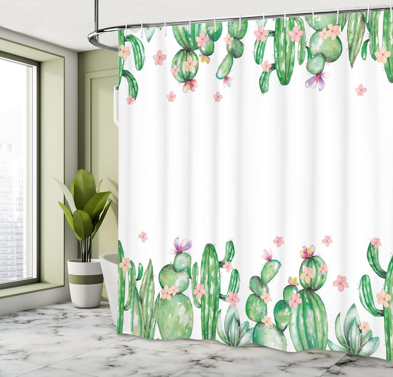 imageAmbesonne Cactus Shower Curtain Mexico Style Romantic Tender Blossoms and Barren Heath Natural Vegetation Cloth Fabric Bathroom Decor Set with Hooks 69 W x 75 L Green Coral Lavender