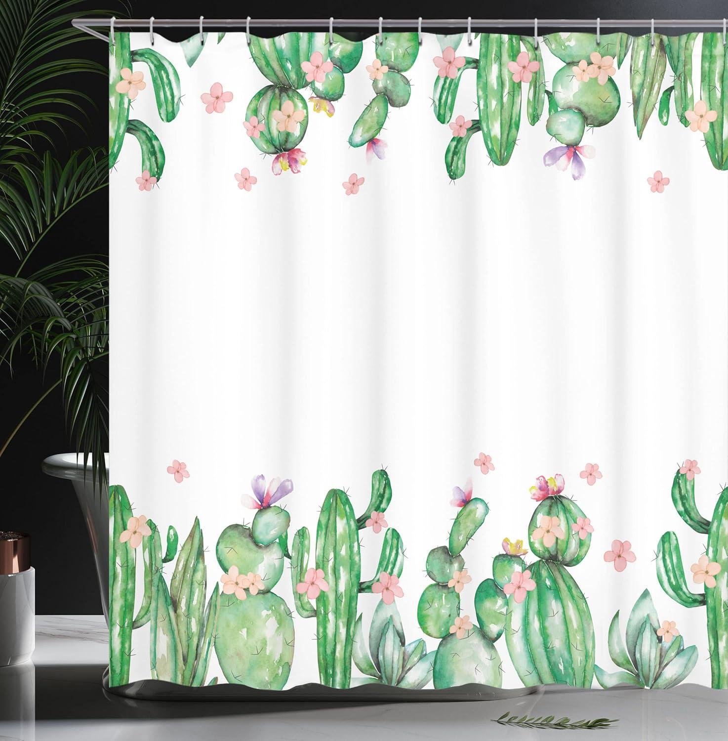 imageAmbesonne Cactus Shower Curtain Mexico Style Romantic Tender Blossoms and Barren Heath Natural Vegetation Cloth Fabric Bathroom Decor Set with Hooks 69 W x 75 L Green Coral Lavender