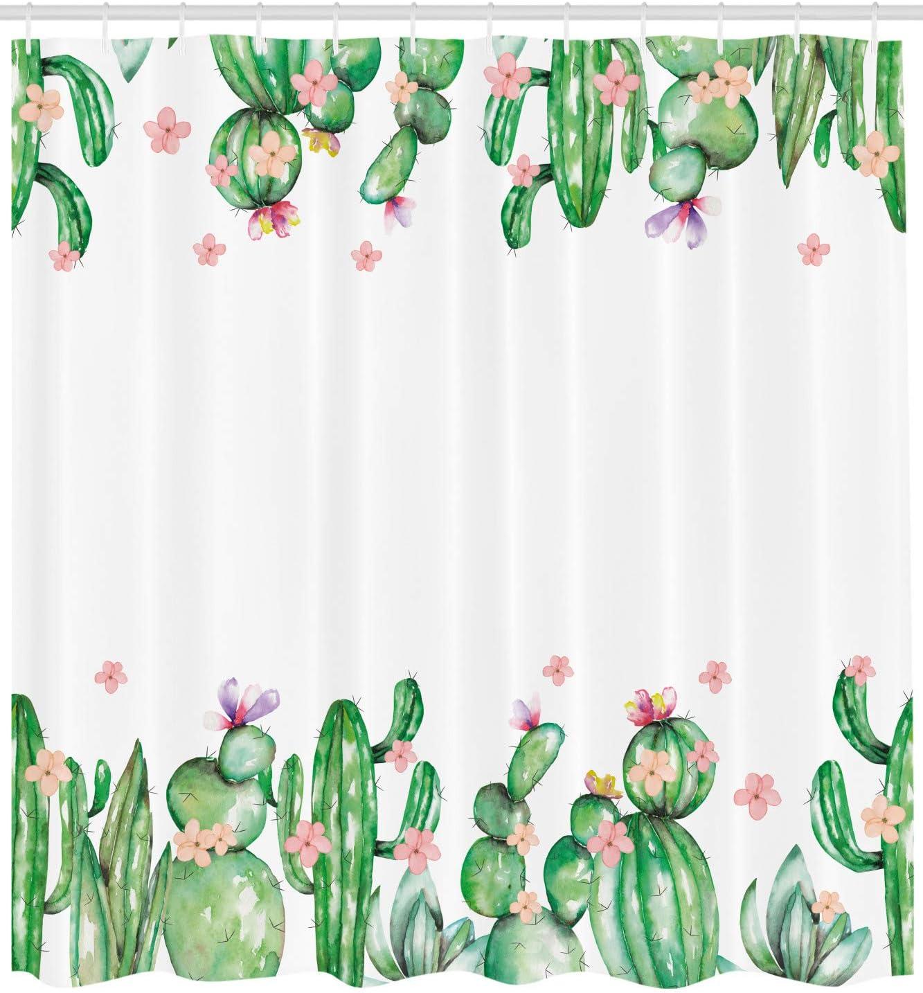imageAmbesonne Cactus Shower Curtain Mexico Style Romantic Tender Blossoms and Barren Heath Natural Vegetation Cloth Fabric Bathroom Decor Set with Hooks 69 W x 75 L Green Coral Lavender
