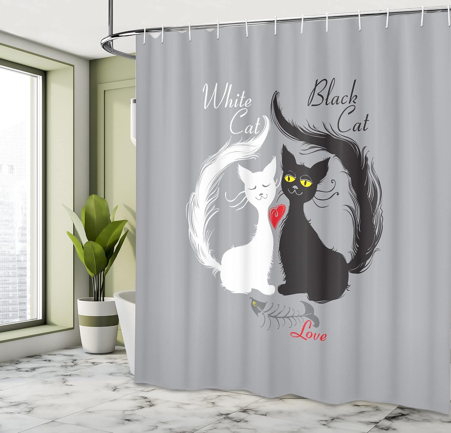 imageAmbesonne Cat Shower Curtain Pair of Cats in Love Having Eaten Fish Red Heart Romantic Black and White Kitties Cloth Fabric Bathroom Decor Set with Hooks 69 W x 70 L Black White Grey