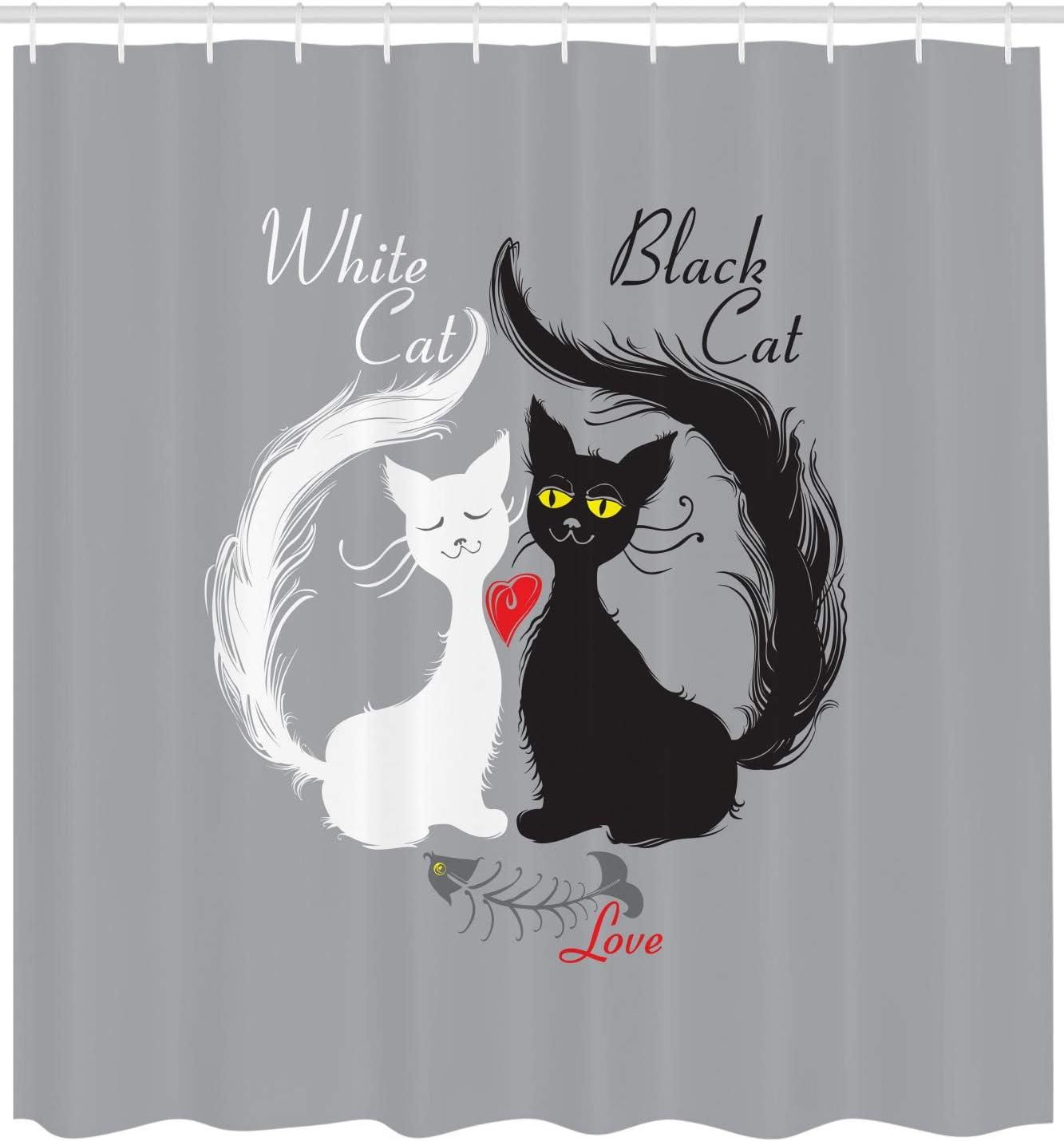 imageAmbesonne Cat Shower Curtain Pair of Cats in Love Having Eaten Fish Red Heart Romantic Black and White Kitties Cloth Fabric Bathroom Decor Set with Hooks 69 W x 70 L Black White Grey