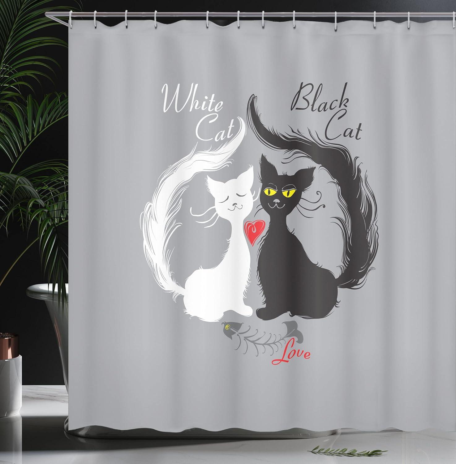imageAmbesonne Cat Shower Curtain Pair of Cats in Love Having Eaten Fish Red Heart Romantic Black and White Kitties Cloth Fabric Bathroom Decor Set with Hooks 69 W x 70 L Black White Grey
