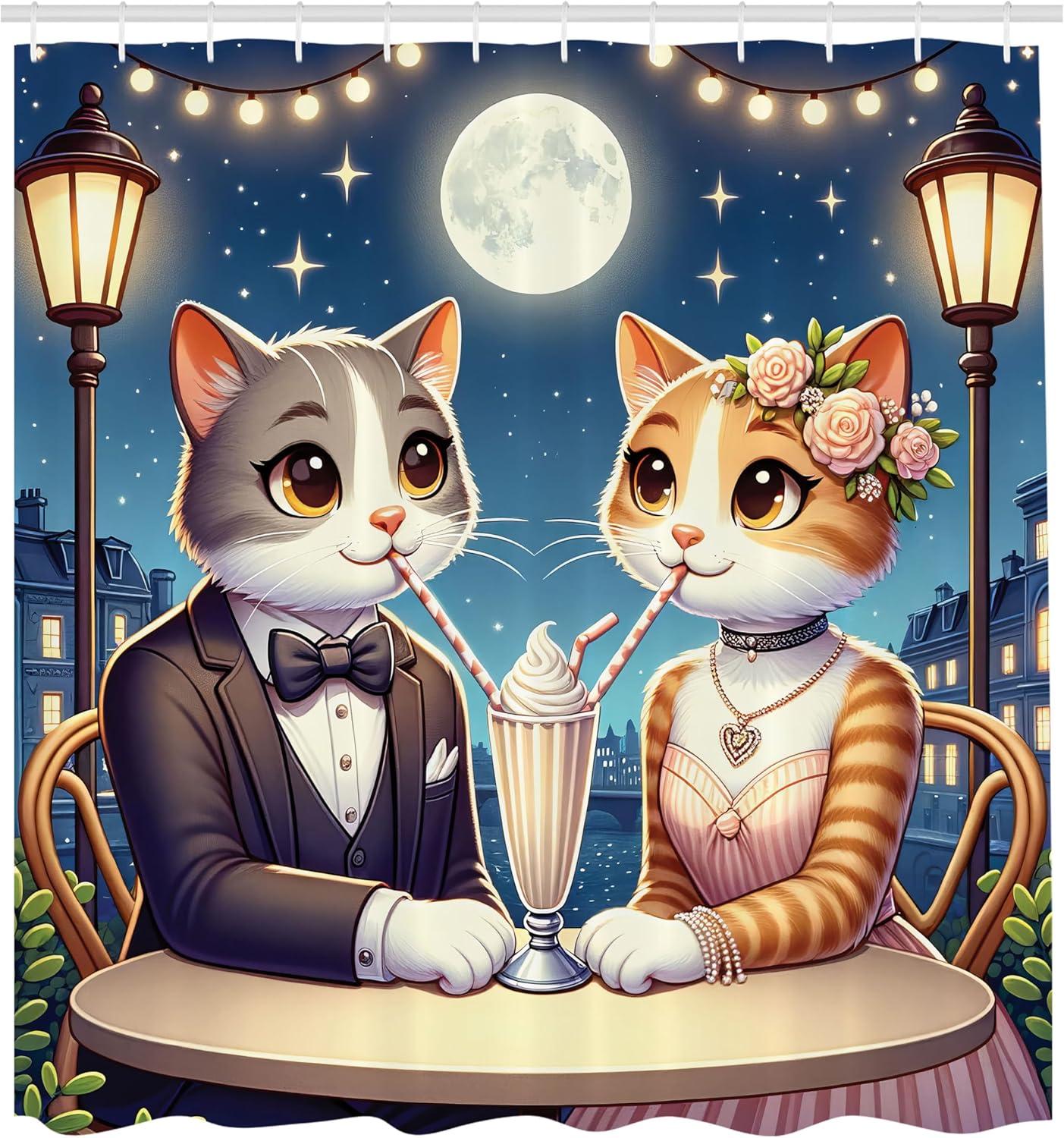 imageAmbesonne Cat Shower Curtain Romantic Date Night of Kitties Drinking Milkshake Cozy Night Scene Valentines Cloth Fabric Bathroom Decor Set with Hooks 69 W x 70 L Dark Blue Apricot