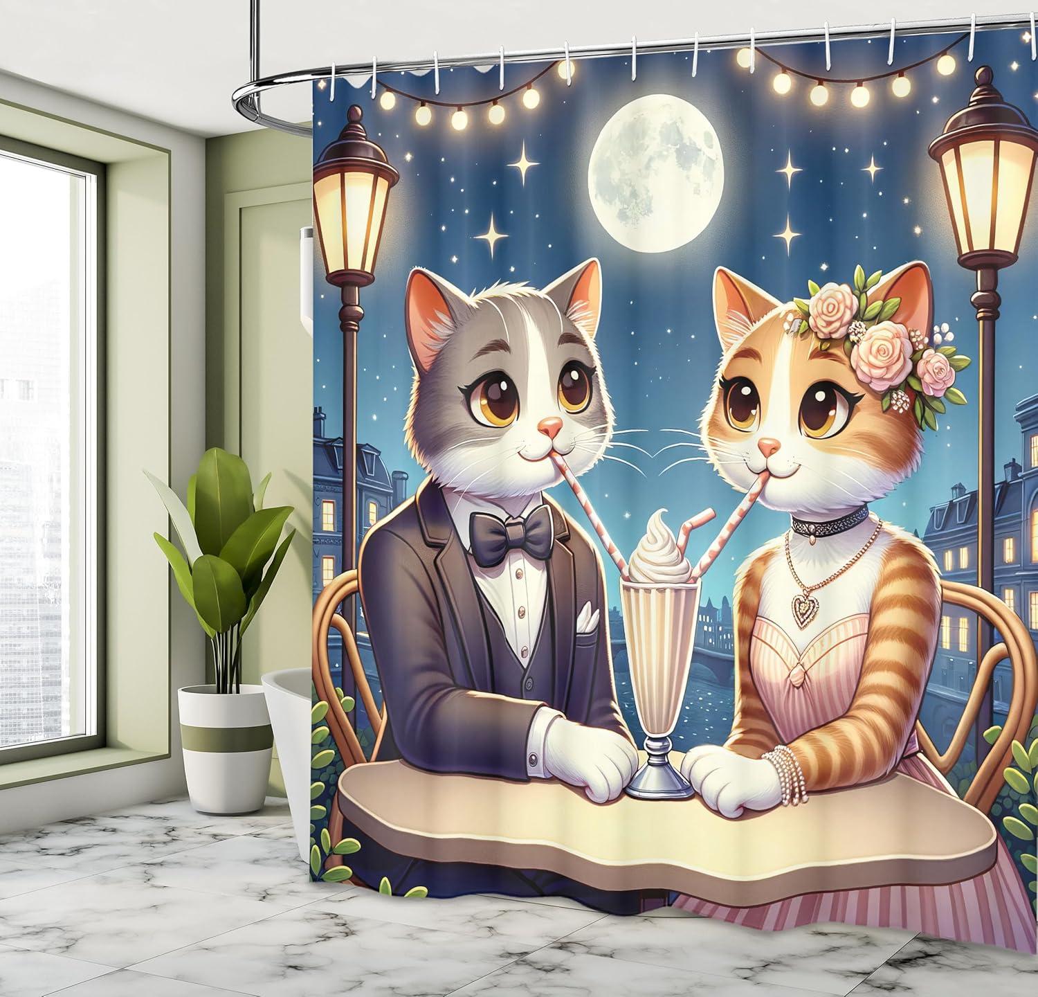 imageAmbesonne Cat Shower Curtain Romantic Date Night of Kitties Drinking Milkshake Cozy Night Scene Valentines Cloth Fabric Bathroom Decor Set with Hooks 69 W x 70 L Dark Blue Apricot