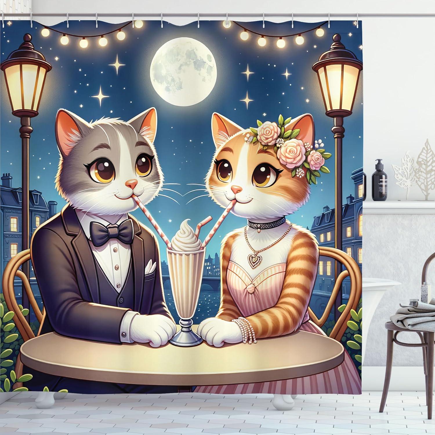imageAmbesonne Cat Shower Curtain Romantic Date Night of Kitties Drinking Milkshake Cozy Night Scene Valentines Cloth Fabric Bathroom Decor Set with Hooks 69 W x 70 L Dark Blue Apricot